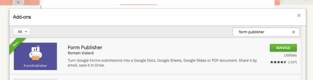 Screenshot of the Form Publisher Add-on in the Google Drive store.