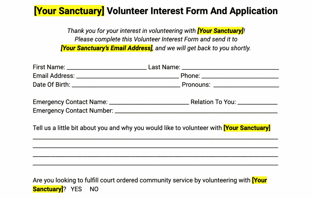 The Open Sanctuary Project's Volunteer Interest Form And ...