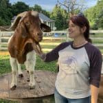 Amber is smiling and patting a brown and white goat while wearing an Open Sanctuary shirt