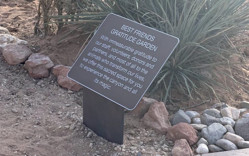 A sign at Best Friends Animal Sanctuary commemorating their gratitude garden.