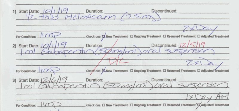 A fifth sample of the Treatment Record: Illustrating one of the tratments being discontinued by putting a red line through the section, listing the discontinued date, and then revising the same treatment with a smaller dosage below.