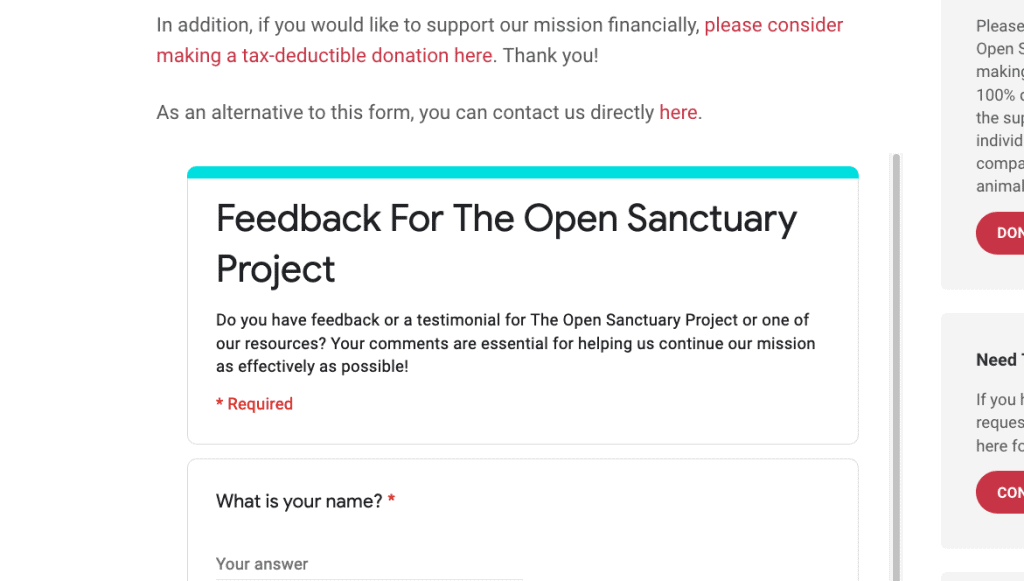 A screenshot of The Open Sanctuary Project's feedback page with an embedded Google Form in it.