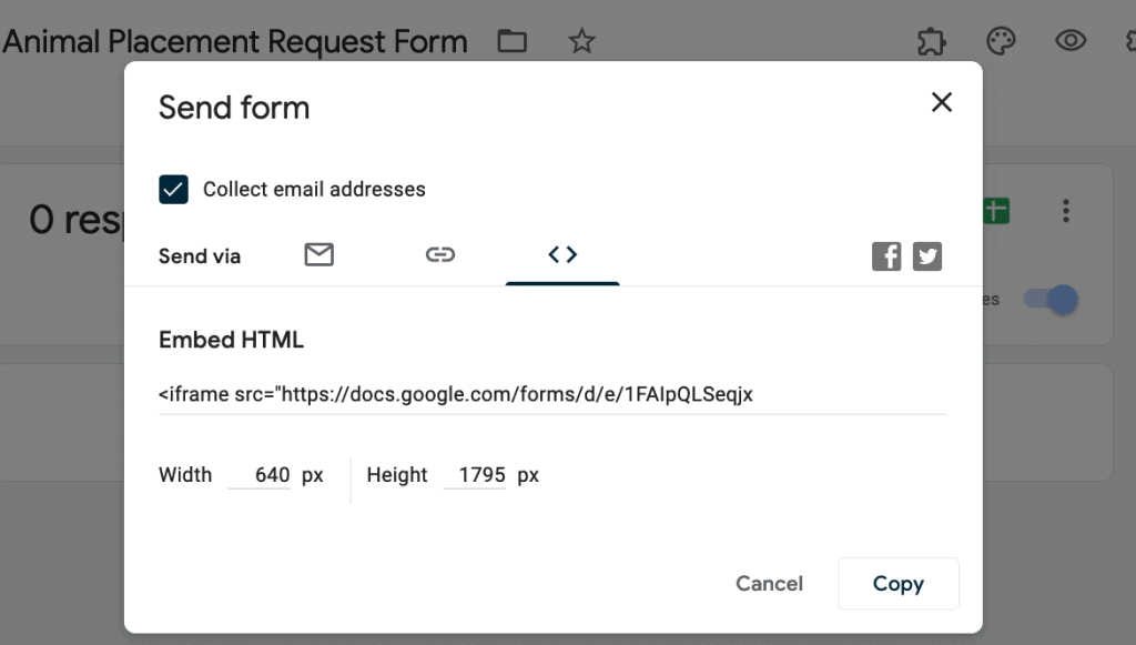 A screenshot showing where to get the Embed HTML for the Google Form.