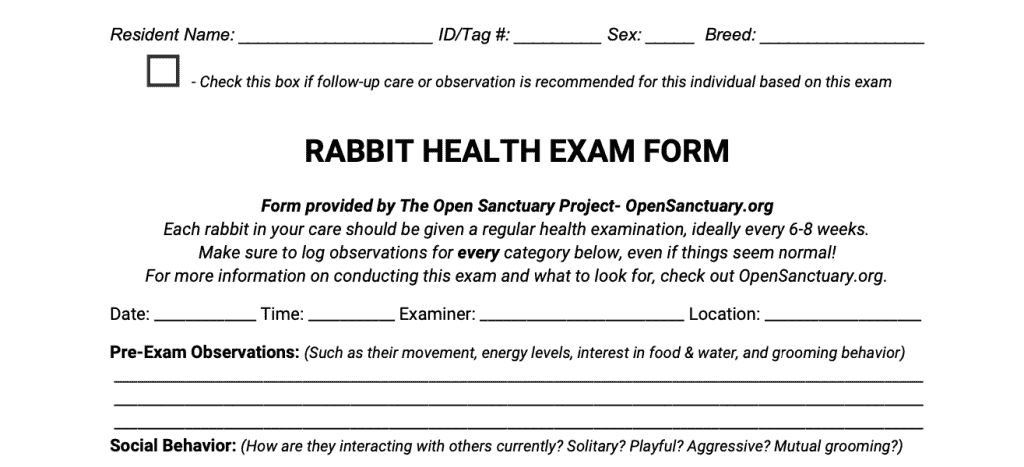 A sample of a rabbit health examination form PDF.