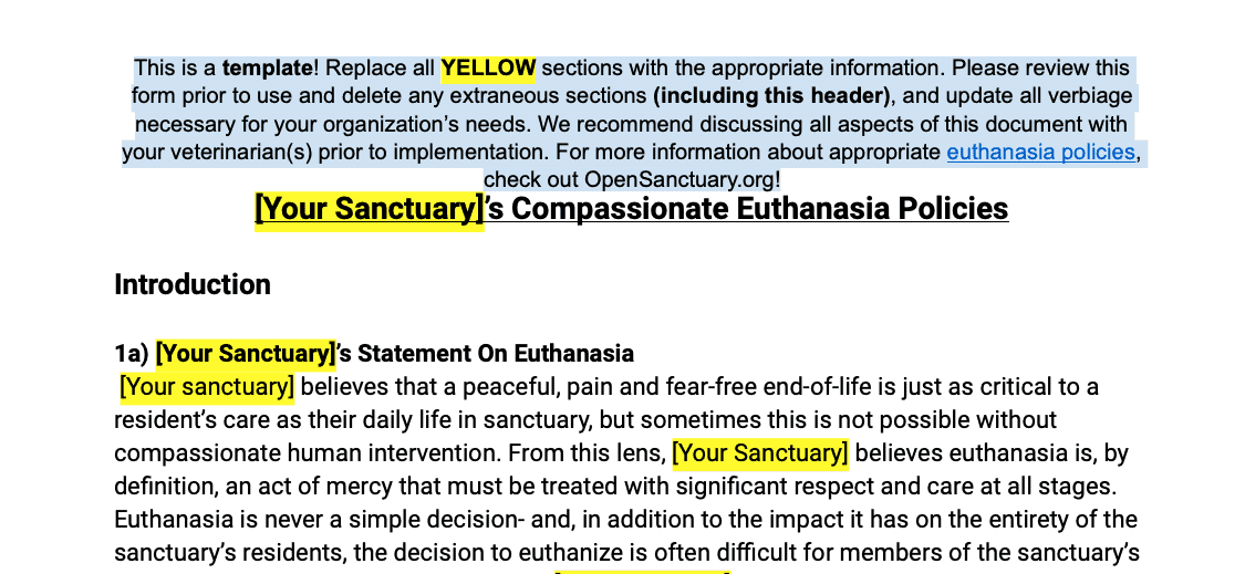 The Open Sanctuary Project's Euthanasia Model Policy Template The