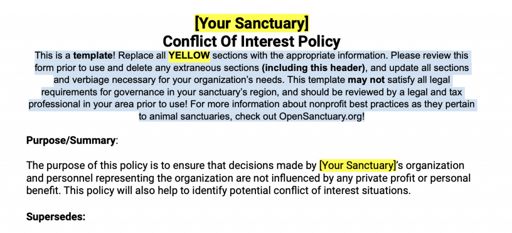A sample of the conflict of interest policy template
