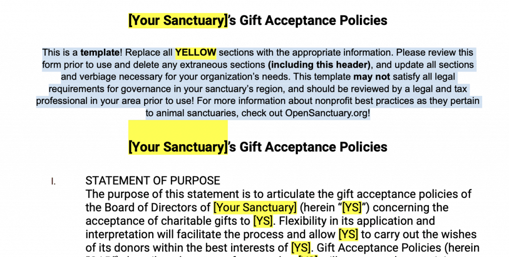 A sample of the Open Sanctuary Project's Gift Acceptance Policies & Procedures Template
