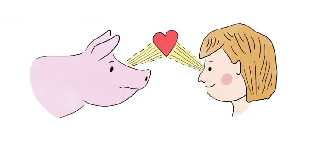this is an illustration. there is a pink pig to the left of the image looking eye to eye at a person on the right side of the image. The person has red hair and is smiling. There are two beams of yellow light shining out of each of their eyes and the beams meet at a red heart.