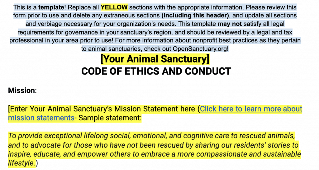 A sample of The Open Sanctuary Project's Code Of Ethics Policy Template