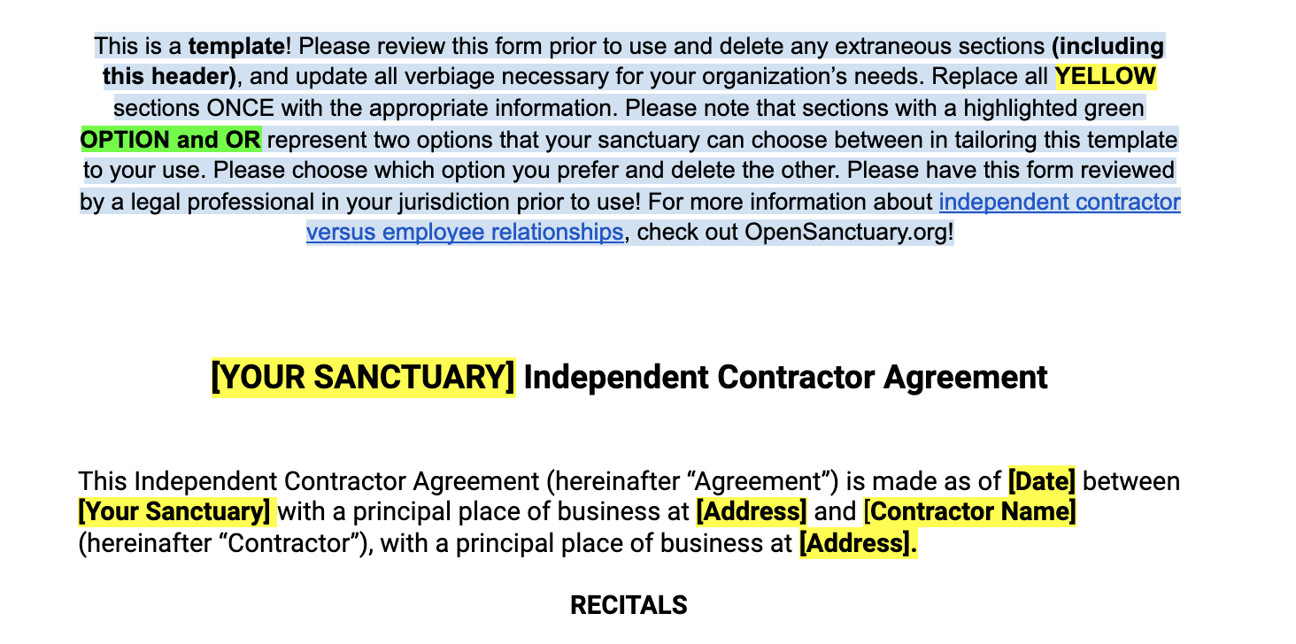 The Open Sanctuary Project S Comprehensive Independent Contractor Agreement Template The Open Sanctuary Project