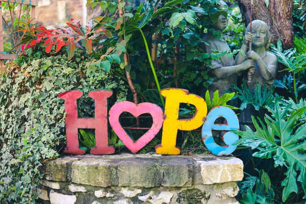 A photograph of a colorful wooden sign sitting atop a piece of stone surrounded by lots of green plants. The sign reads "HOPE". The "H" is red, the "O" is in the shape of a pink heart, the "P" is yellow, and the "E" is blue.