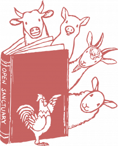 drawing of a book that reads "The Open Sanctuary Project" with a cow, pig, goat, and sheep popping out of the pages and a chicken standing in front of the book.
