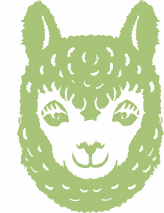 a drawing of a green ambassador resident alpaca that is happy