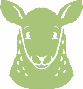 A drawing of a smiling green sheep