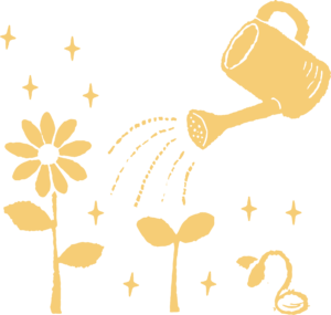 a drawing of a watering can and flowers