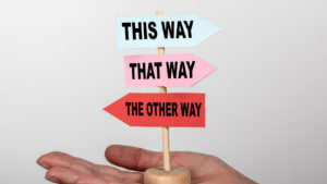 Small signpost in a person's hand that reads "this way, that way, the other way".