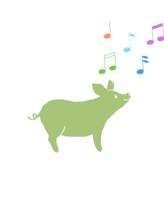 Graphic of a pig listening to music.