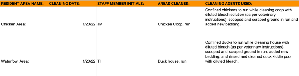 a screenshot of the cleaning log sheet filled out