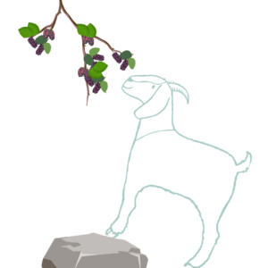 Graphic of a goat standing on a rock to reach mulberry branches.