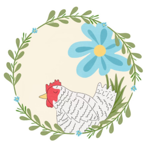 Illustration of a cream-colored circle with a white and black chicken in the middle. There are green vines wrapped around the circle with small blue flowers. There is a large blue and yellow flower behind the chicken.
