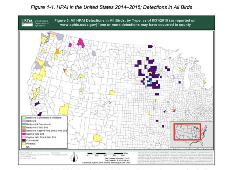 A map of the United States as of 8/31/2015 which shows detections of HPAI in all birds.
