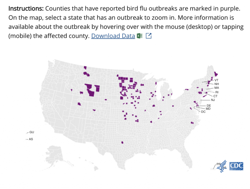 A map of the United States showing counties in which bird flu outbreaks have been detected in the current outbreak.