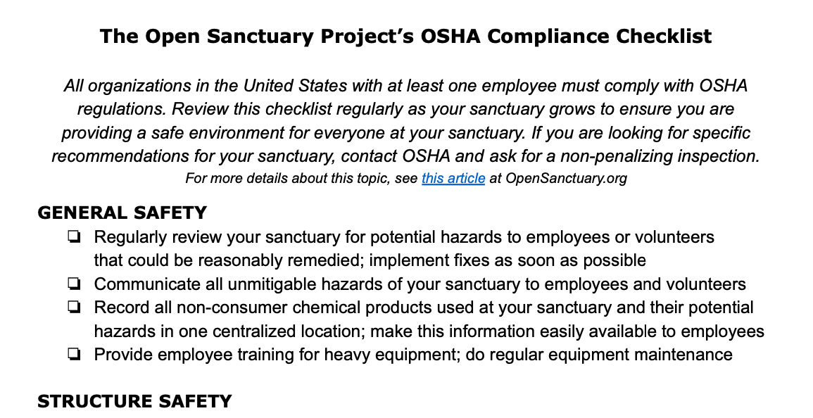 The Open Sanctuary Project’s OSHA Compliance Checklist The Open