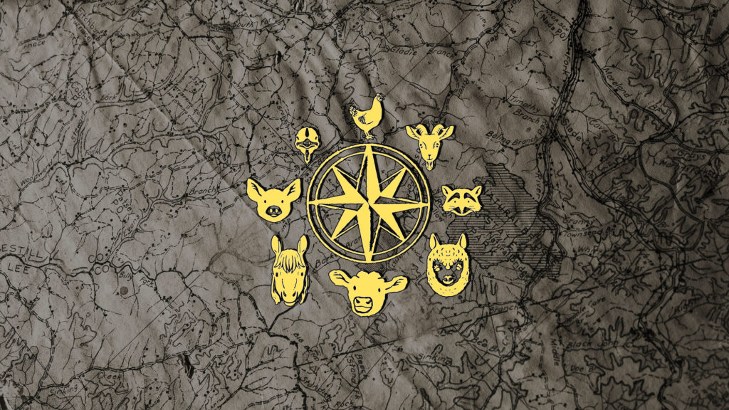 A map with a drawing of a yellow compass with farmed animals all around it in the middle