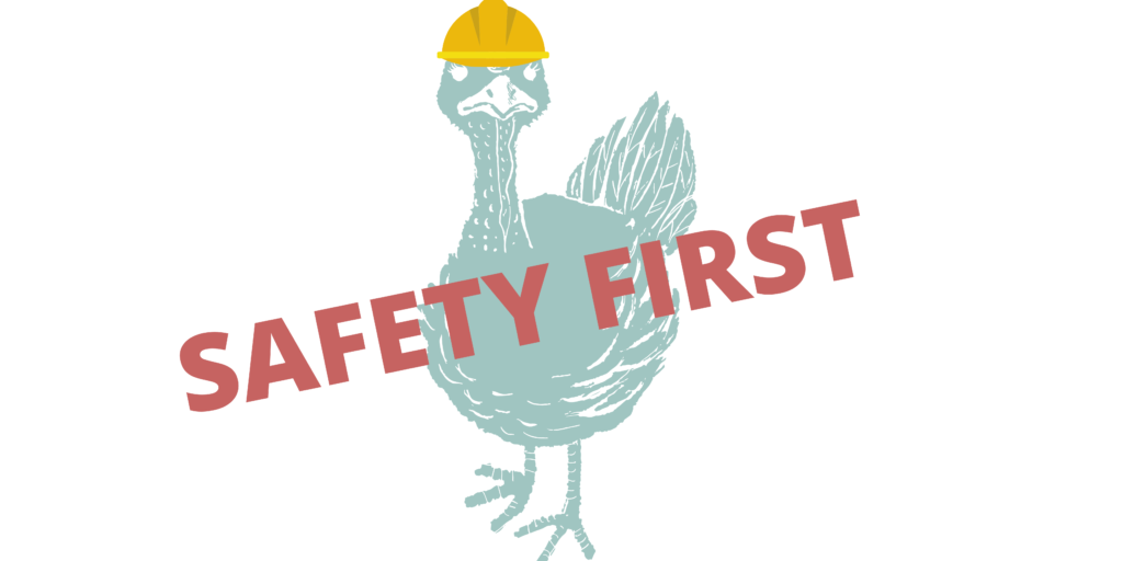 A turkey wearing a hard hat with the words "safety first" printed across.