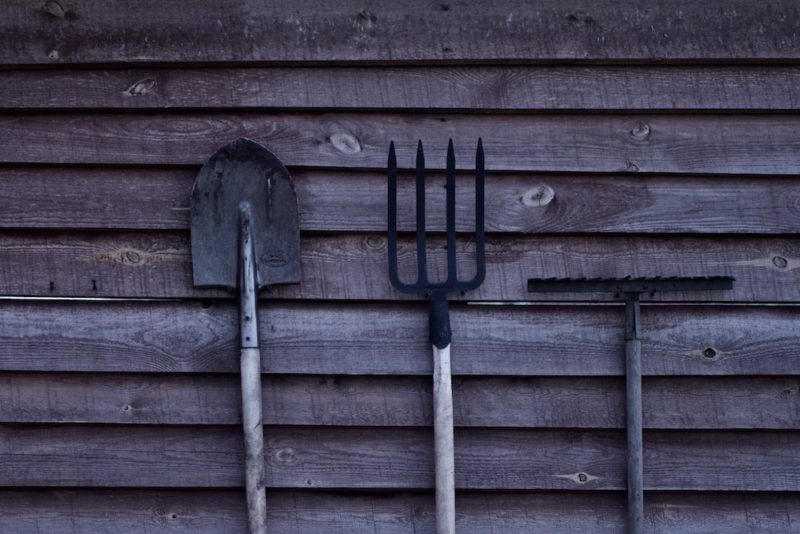 shovel, pitchfork, and rake lean against a wall