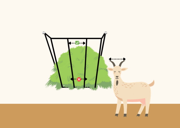 Drawing of a wall mounted hay feeder with vertical bars and a goat standing nearby. A line measuring the width of the goat's horns shows that the opening at the top of the feeder is wider than the goat's horns, but the opening near the bottom is narrower than the goat's horns.