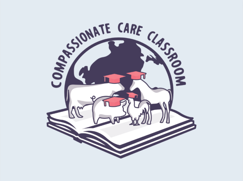 Drawing of a cow, horse, pig, and chicken standing on an open book and wearing mortarboard hats with the text "Compassionate Care Classroom"