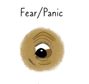 Illustration of a horse's eye with an expression of fear and panic.