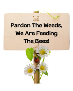 Cartoon sign covered in flowers reading "Pardon the weeds, we are feeding the bees!".