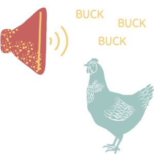 Graphic of a chicken listening to sounds of happy chickens.