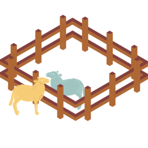 Graphic of two sheep facing each other over fence.