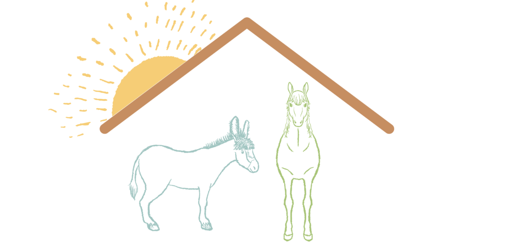 Graphic of a donkey and a horse under a roof.