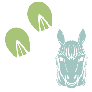 Graphic of a smiling horse with bare hoof prints next to them.