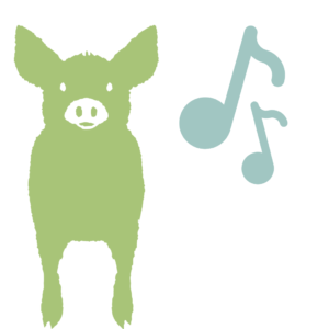 This is a graphic of a green cartoon pig looking towards you with blue musical note floating next to them in the air.