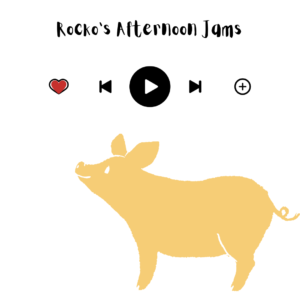 This graphic reads "Rocko's Afternoon Jams". Below is a graphic of controls for a music app shwoing a hear for favorites, a back button, a play button, and forward button, and a plus sign. A yellow cartoon pig looks at it and smiles.