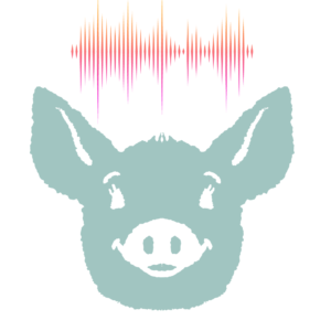 The face of a smiling cartoon pig look towards you. Sound waves are above their head.