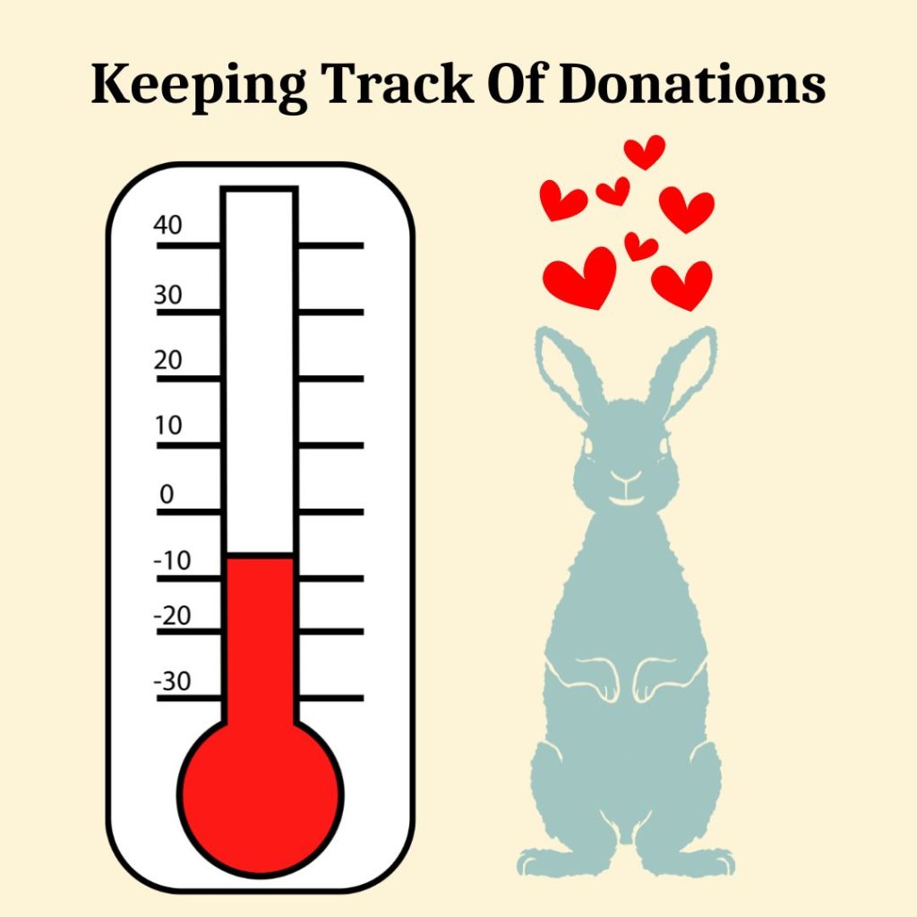 The image is headed by text reading "Keeping Track Of Donations." On the left of the image is a thermometer. On the right is an image of a rabbit with hearts above their head.