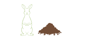 This graphic portrays a green rabbit standing on their hind legs next to a pile of dirt.