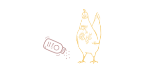 This graphic portrays a yellow chicken standing next to a bottle of parasite treatment.
