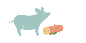 This graphic portrays a blue smiling pig standing next to a log that has a carrot and a leafy green hidden underneath it.