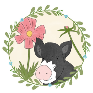An illustration of a cream-colored circle with greenery and blue flowers on the border. Inside the circle, there is an illustration of a black and white pig with a pink snout. There is a pink and yellow flower behind the pig.