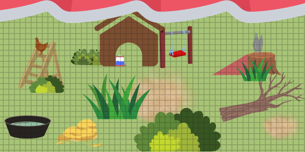 This graphic depicts a scene of chickens in a living space with a ladder, chicken swing, dust bathing opportunities, bushes grass, straw, logs, water and a stump.