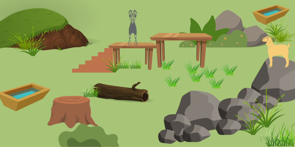 This graphic shows green grass, boulders, a long, a tree stump, stairs leading to two wooden platforms, and a larger mound of earth. There are two goats. One is on a boulder, the other is on a wooden platform.