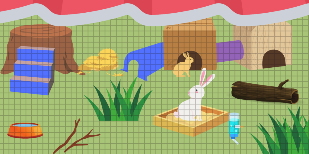 This graphic depicts rabbits in an outdoor living space that has a dig box, tunnels, a cardboard box serving as shelter, a little wooden house, twigs, grass, a stump, and a log.