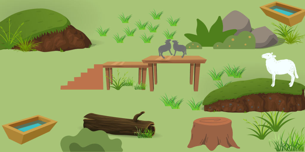 This graphic shows green grass, boulders, a long, a tree stump, stairs leading to two wooden platforms, and a larger mound of earth. There are 3 goats. One is on a mound, the other two are young and playing on a wooden platform.